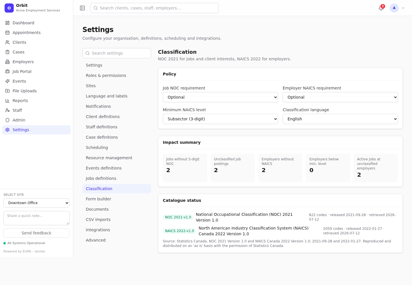 Classification settings