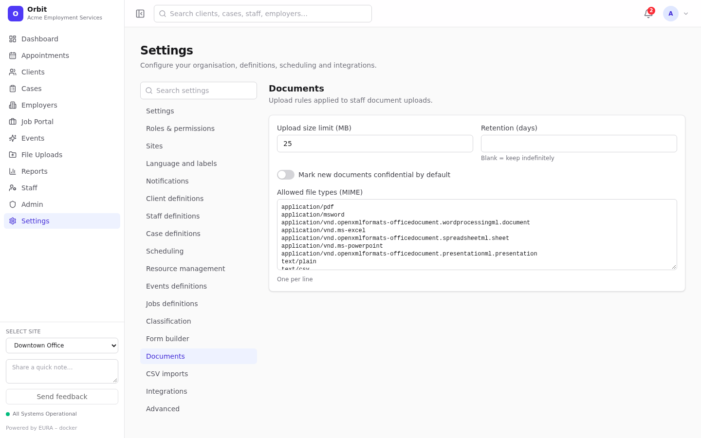 Documents settings