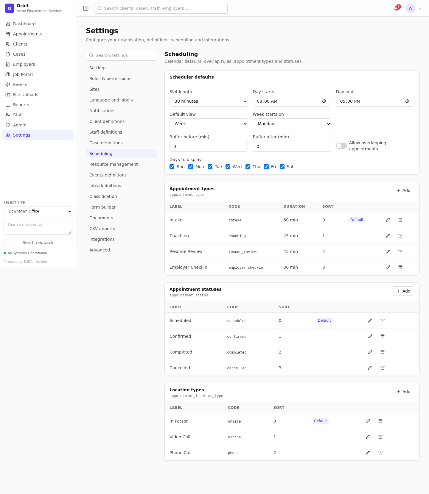Scheduling settings