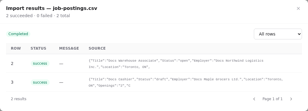 Job postings import results