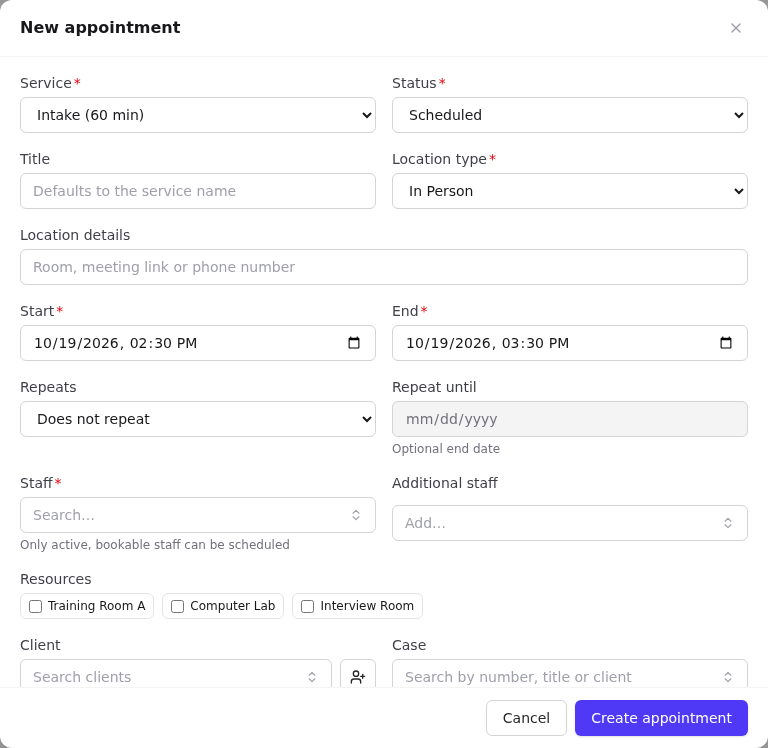 New appointment dialog