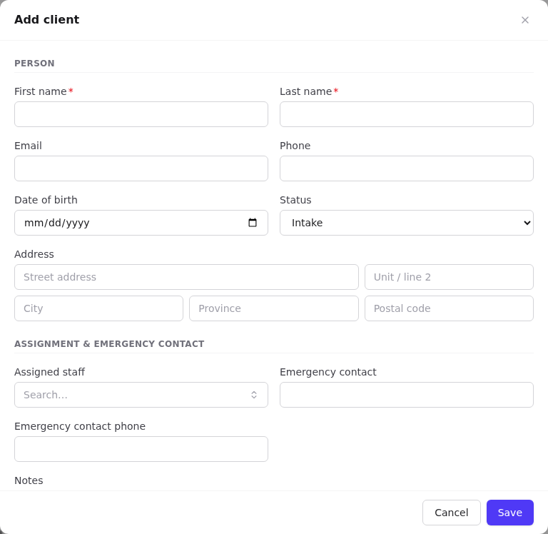 Add client dialog