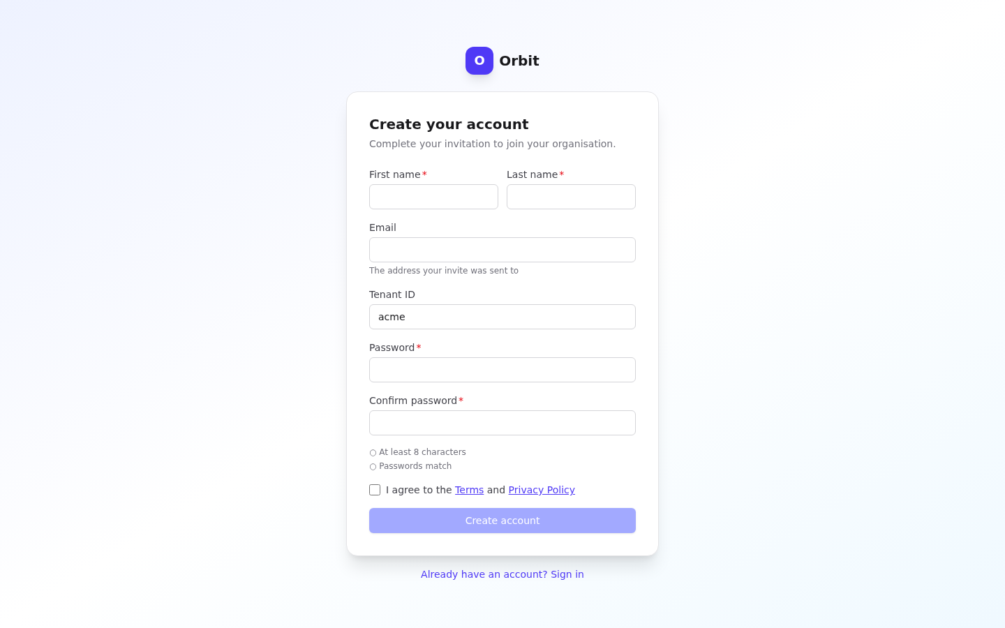 Sign up from an invitation